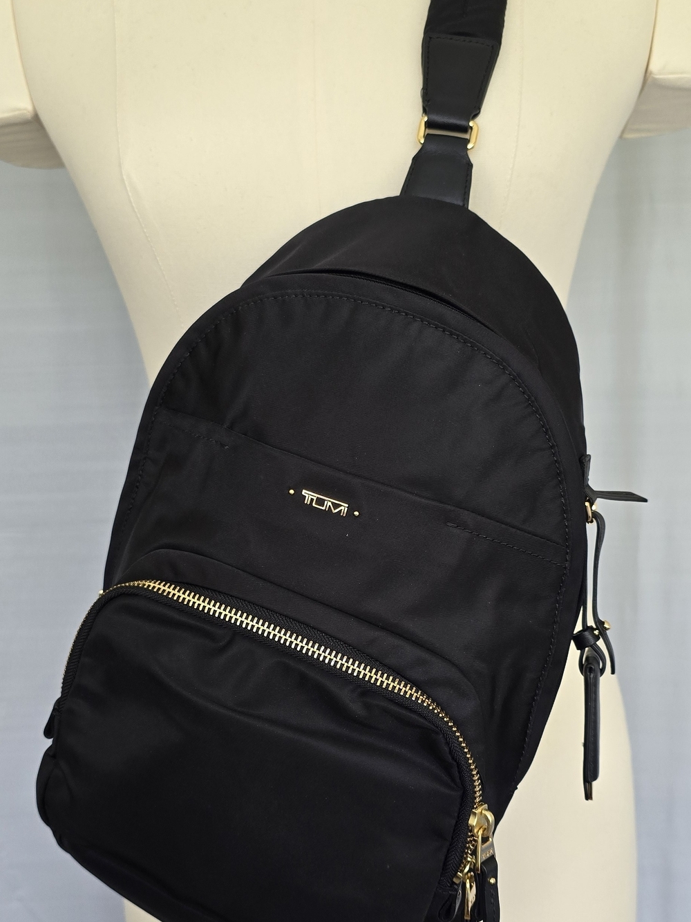 TUMI Voyageur Nadia Convertible Backpack Sling Bag Black Nylon Gold Hardware EX